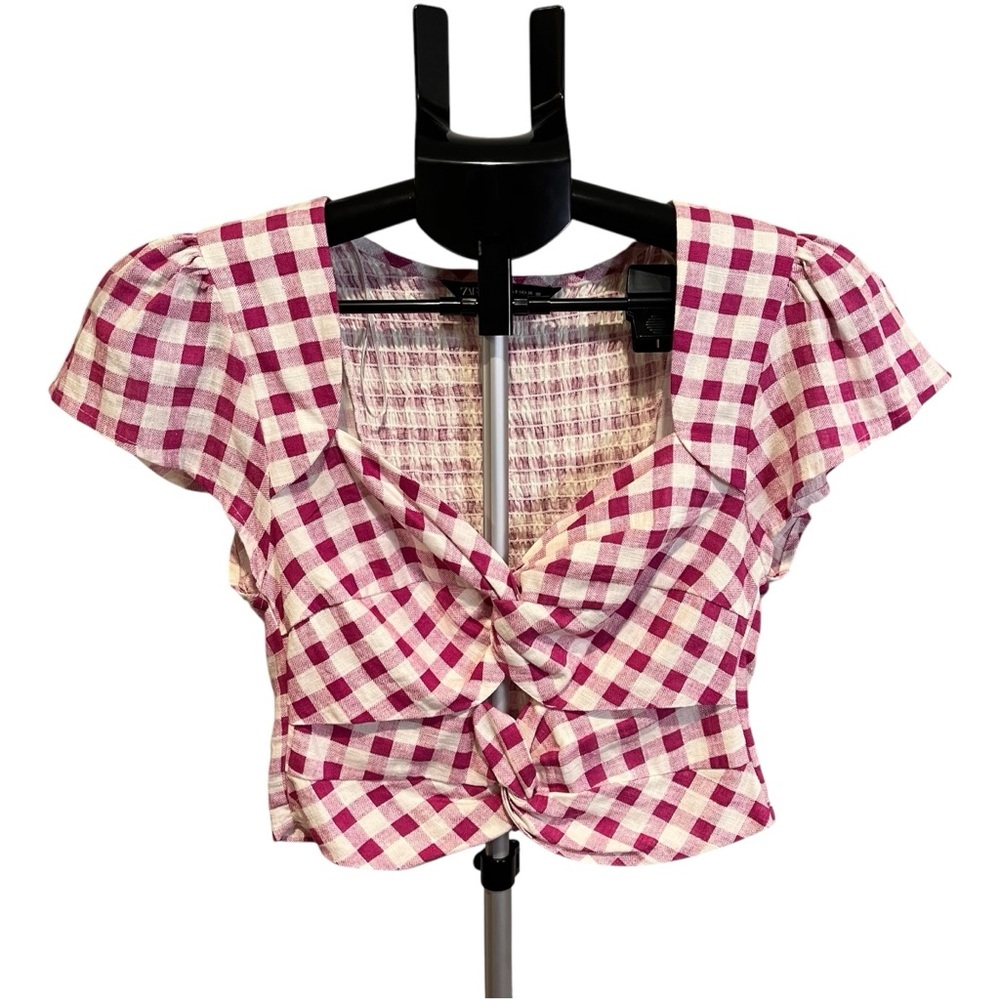 Zara Gingham Country-Chic Cotton Casual Short Sleeve Top Size Small